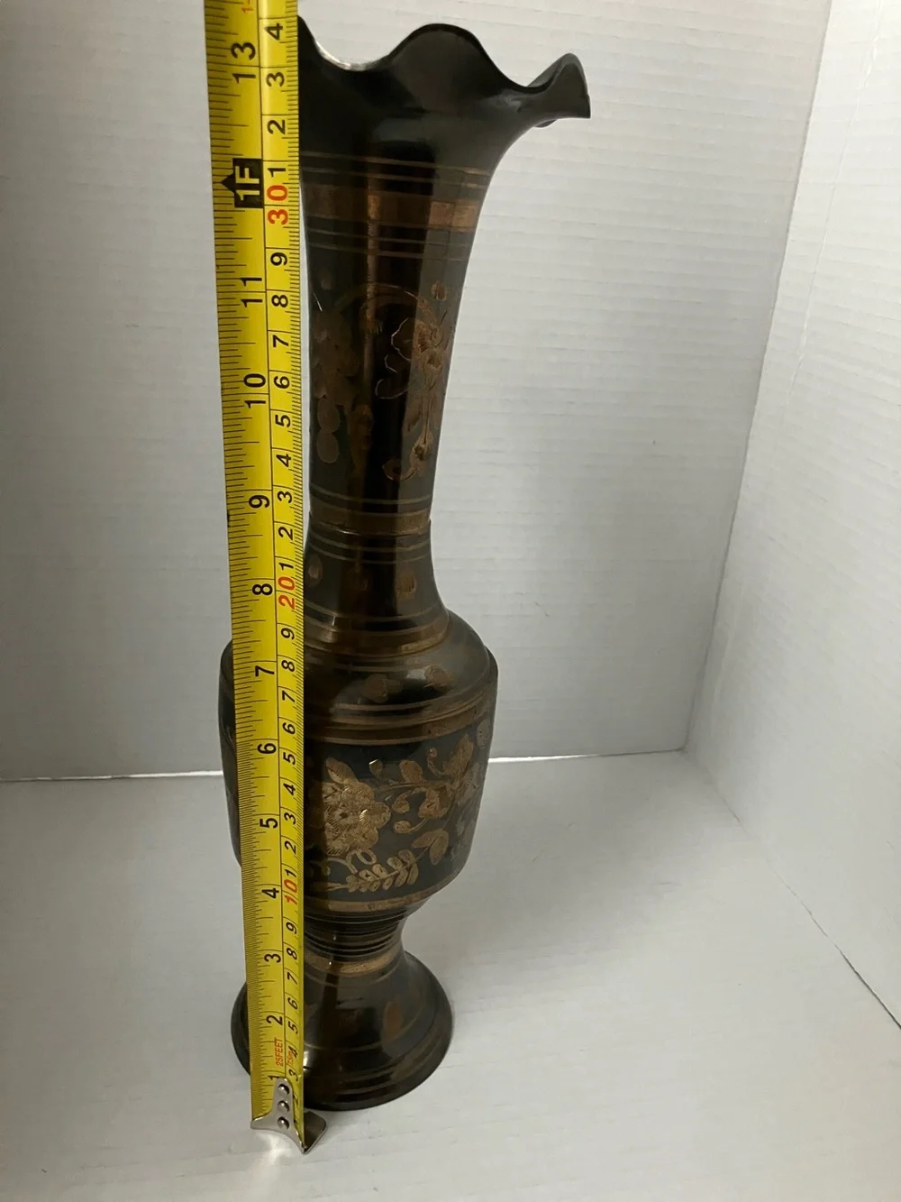 Vintage Brass and Black Floral Etched Vase Scalloped Top 13 Inch 1970’s Decor